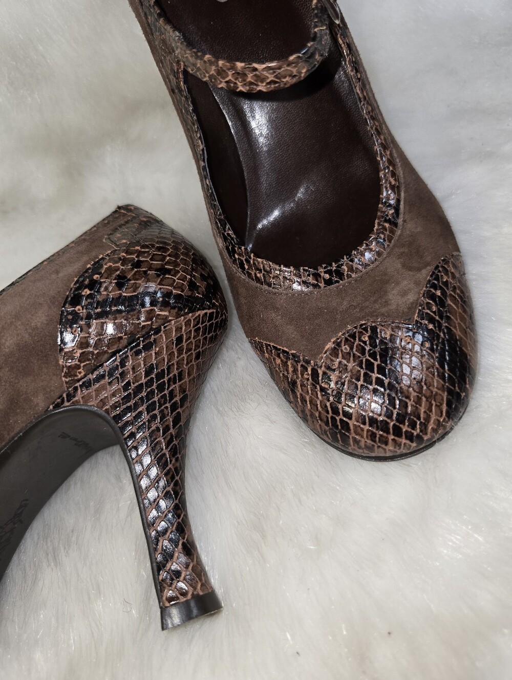 Franco Sarto Brown Suede & Snakeskin "Fallon" Mary Jane Kitten Heel Pumps - Picture 8 of 16